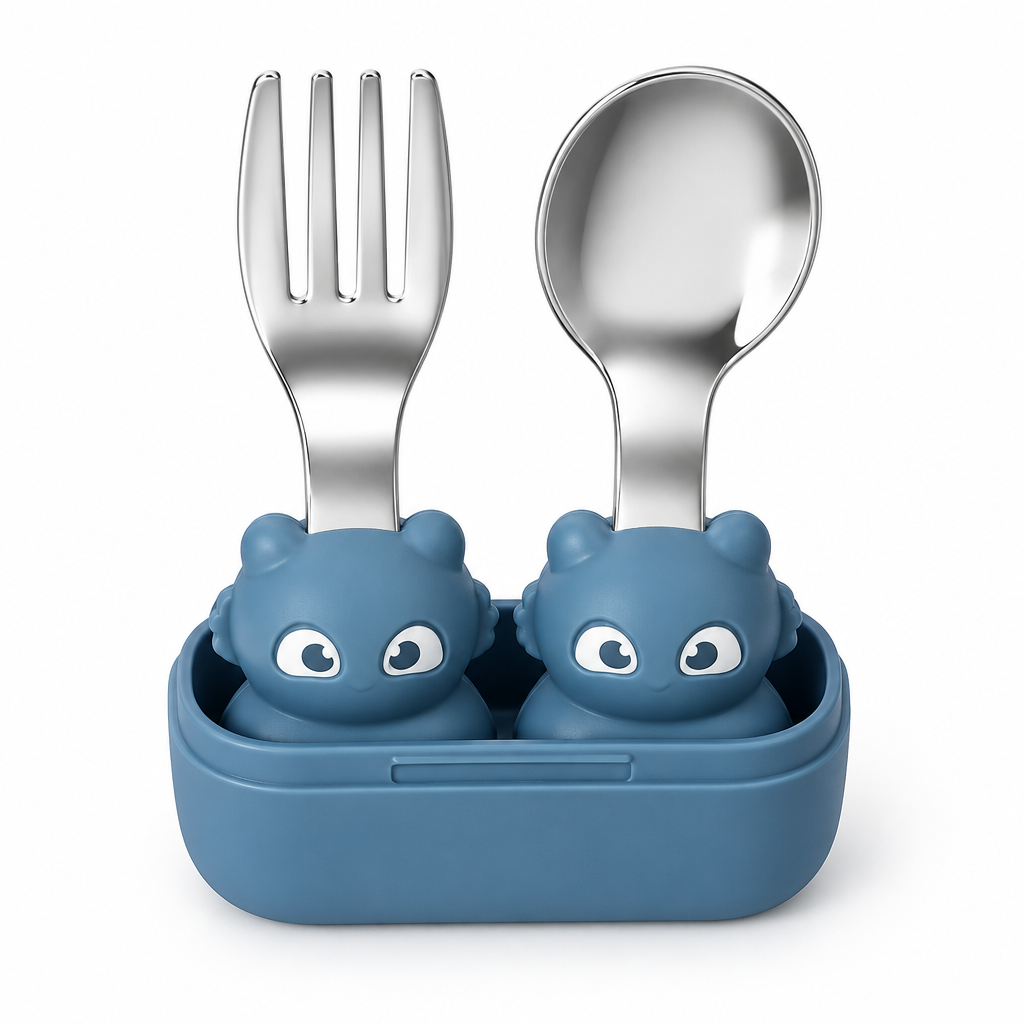 VYORI Toddler Hippo Cutlery Set — overhead with case open