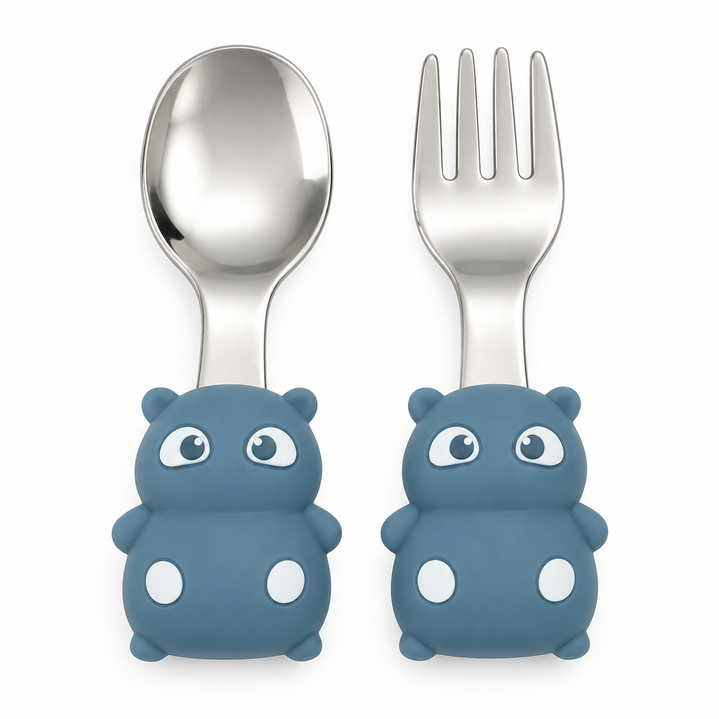 VYORI Toddler Hippo Cutlery Set — fork and spoon flat lay