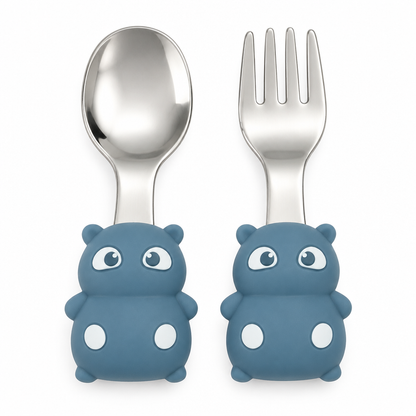 VYORI Toddler Hippo Cutlery Set — fork and spoon flat lay