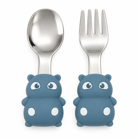 VYORI Toddler Hippo Cutlery Set — fork and spoon flat lay