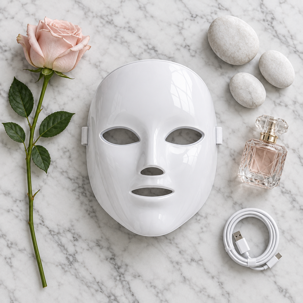 VYORI LumiGlow 7 - flat lay on marble with blush rose