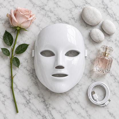 VYORI LumiGlow 7 - flat lay on marble with blush rose