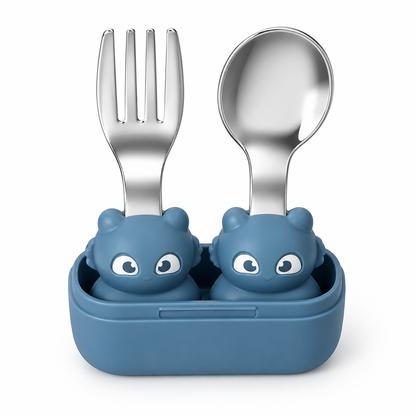 VYORI Toddler Hippo Cutlery Set — overhead with case open
