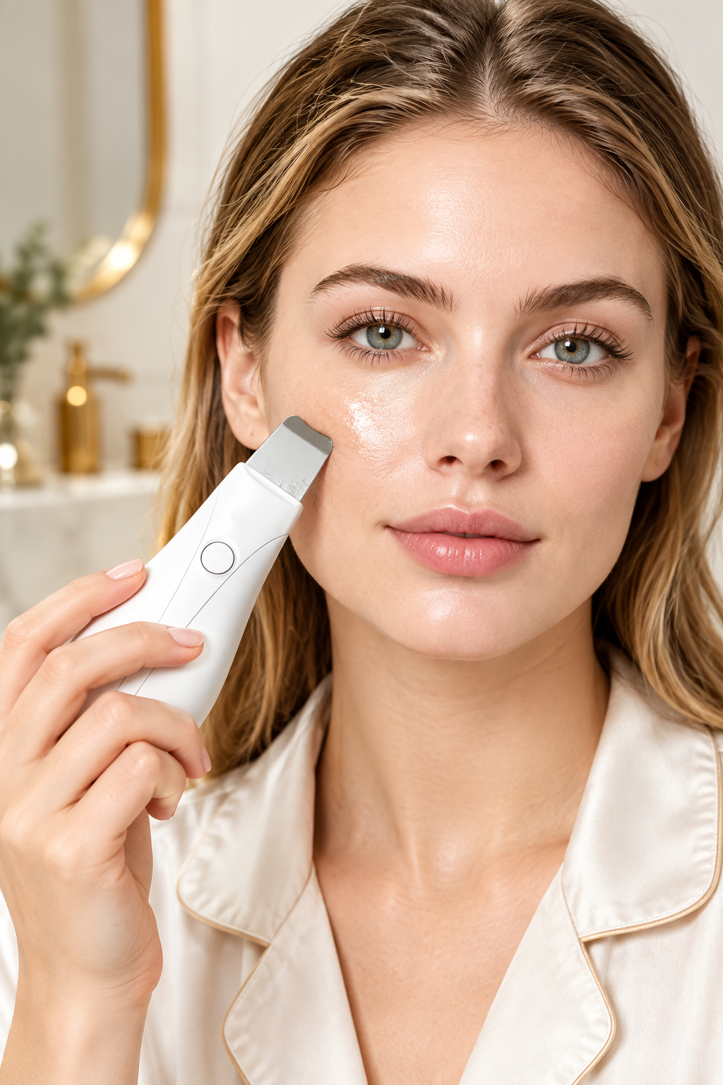 Woman using VYORI GlowWand on cheek - front angle
