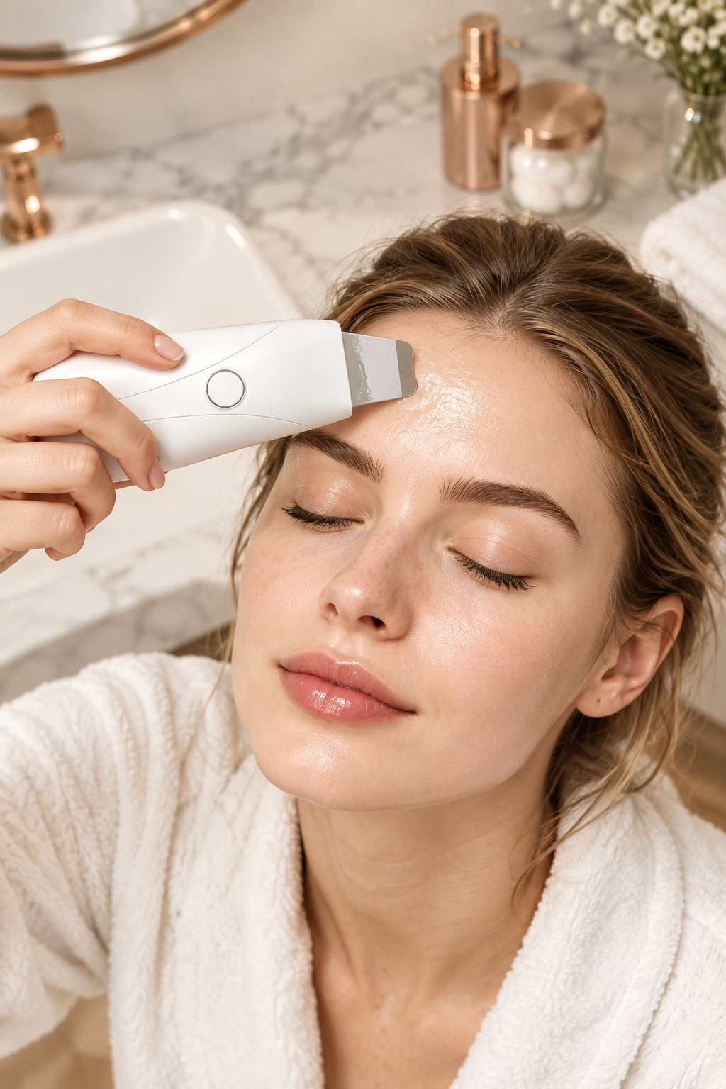 Woman using VYORI GlowWand on forehead - overhead angle