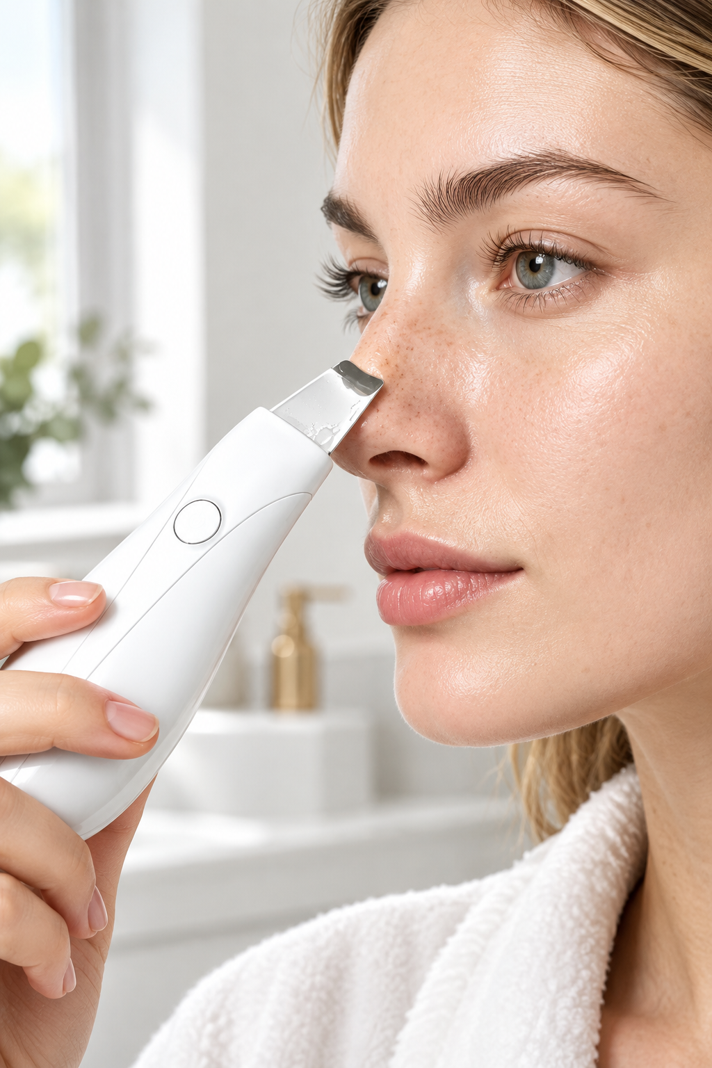 Woman using VYORI GlowWand on nose T-zone - side profile
